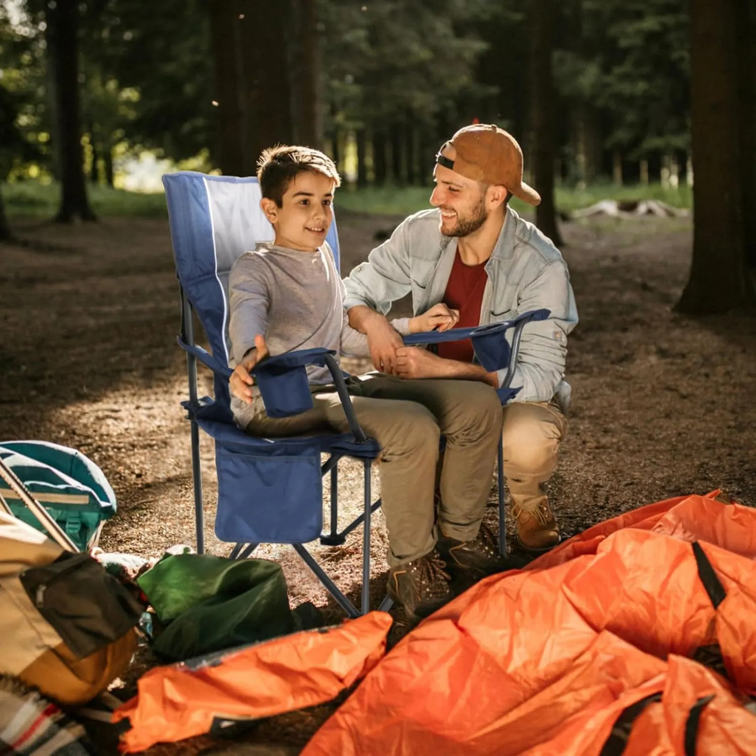 Folding Camping Chairs for Adults, Padded Folding Chairs for Outside Heavy Duty with Cup Holders & Side Pocket, Support up to 500 lbs, Blue