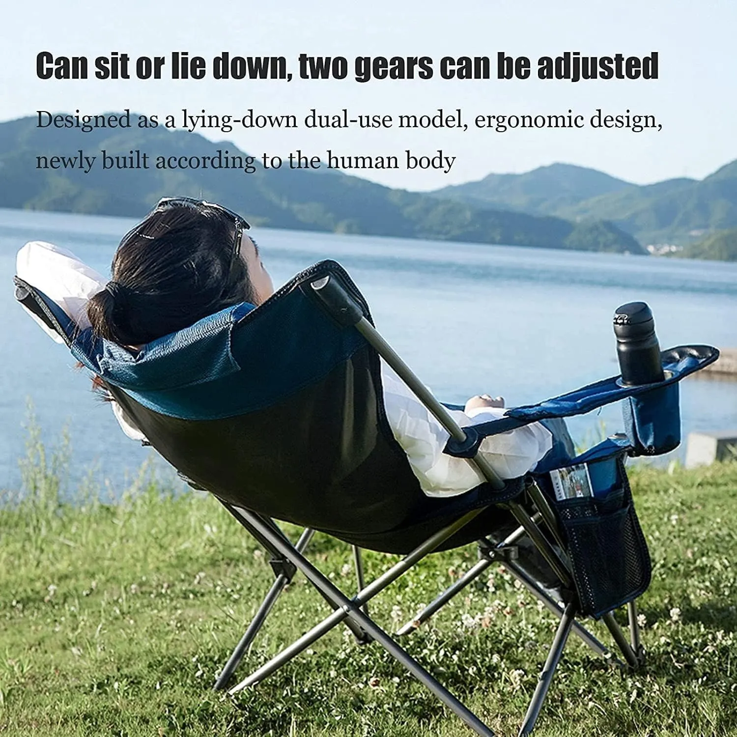 Folding Chairs Outdoor Folding Chair Portable Lawn Folding Seat Armchair with Cup Holder Pillow and Carry Bag Leisure Recliner Stool Portable Camping Chair(Color:G)