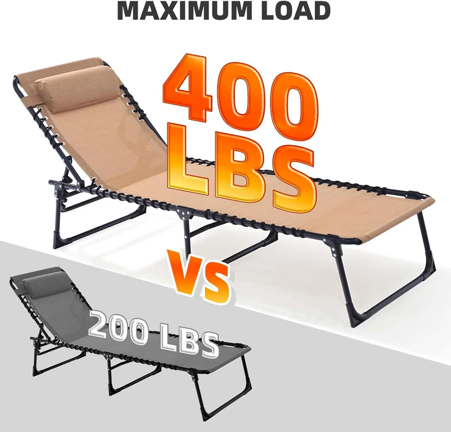 Folding Chaise Lounge Chair Bed - Heavy-Duty 400lb Capacity Portable Adjustable Recliner w/Pillow for Patio, Pool, Camping, Sunbathing - Lay Flat Design (Beige)