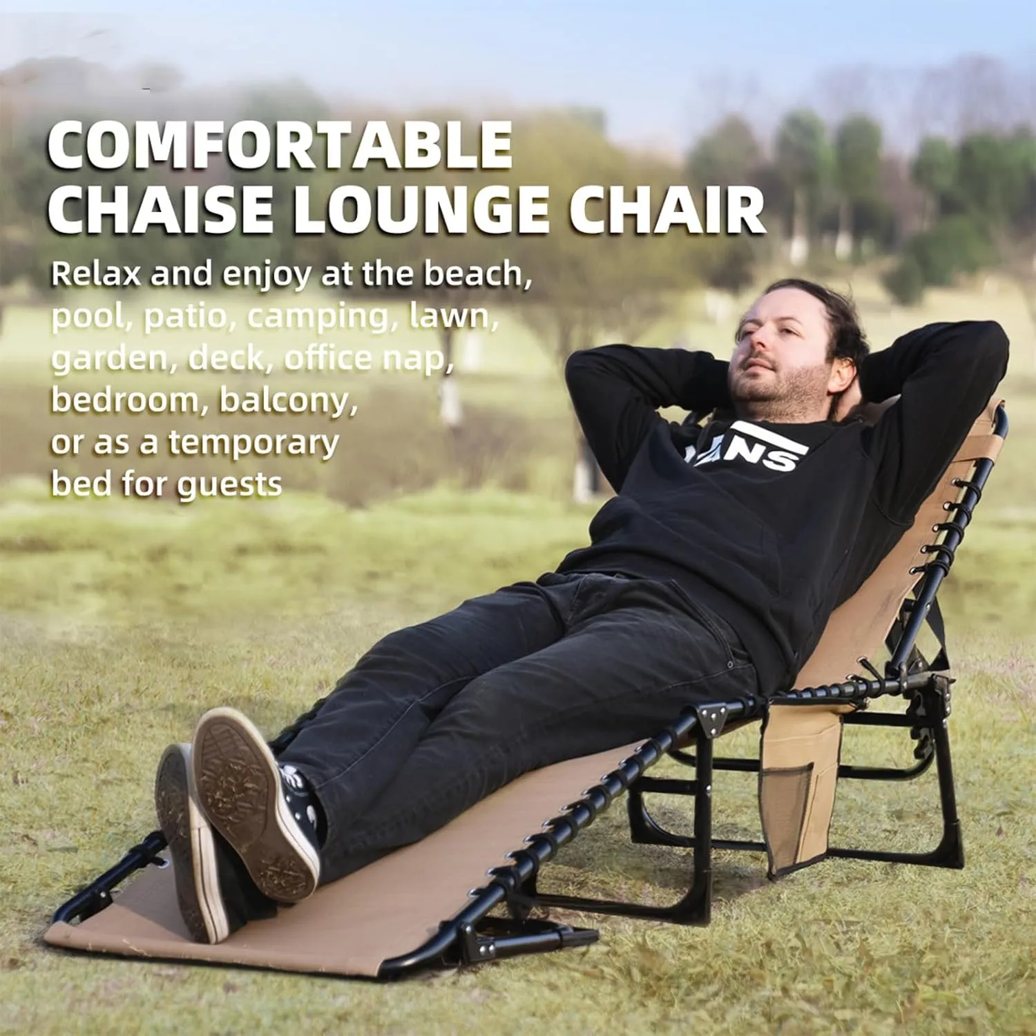 Folding Chaise Lounge Chair Bed - Heavy-Duty 400lb Capacity Portable Adjustable Recliner w/Pillow for Patio, Pool, Camping, Sunbathing - Lay Flat Design (Beige)