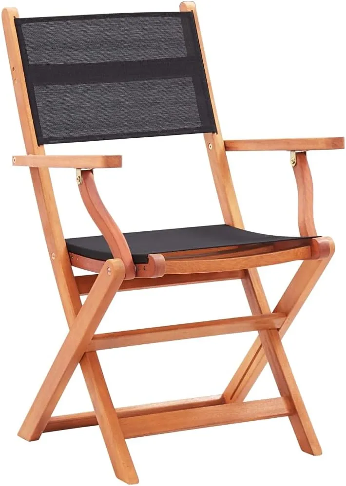 Folding Patio Chairs Set of 4 Outdoor Chairs Black Eucalyptus Wood Textilene Lounge Chairs with Armrests Comfortable for Dining, Camping, Patio Furniture, Lawn, and Beach Use
