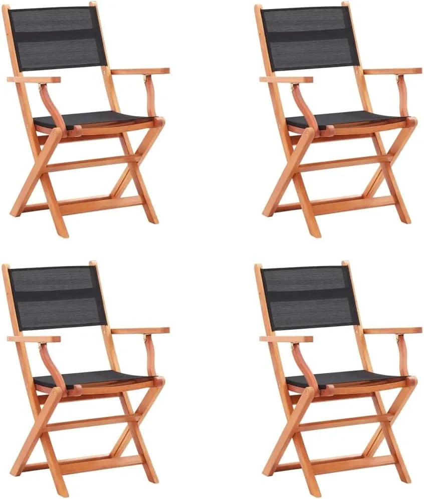 Folding Patio Chairs Set of 4 Outdoor Chairs Black Eucalyptus Wood Textilene Lounge Chairs with Armrests Comfortable for Dining, Camping, Patio Furniture, Lawn, and Beach Use
