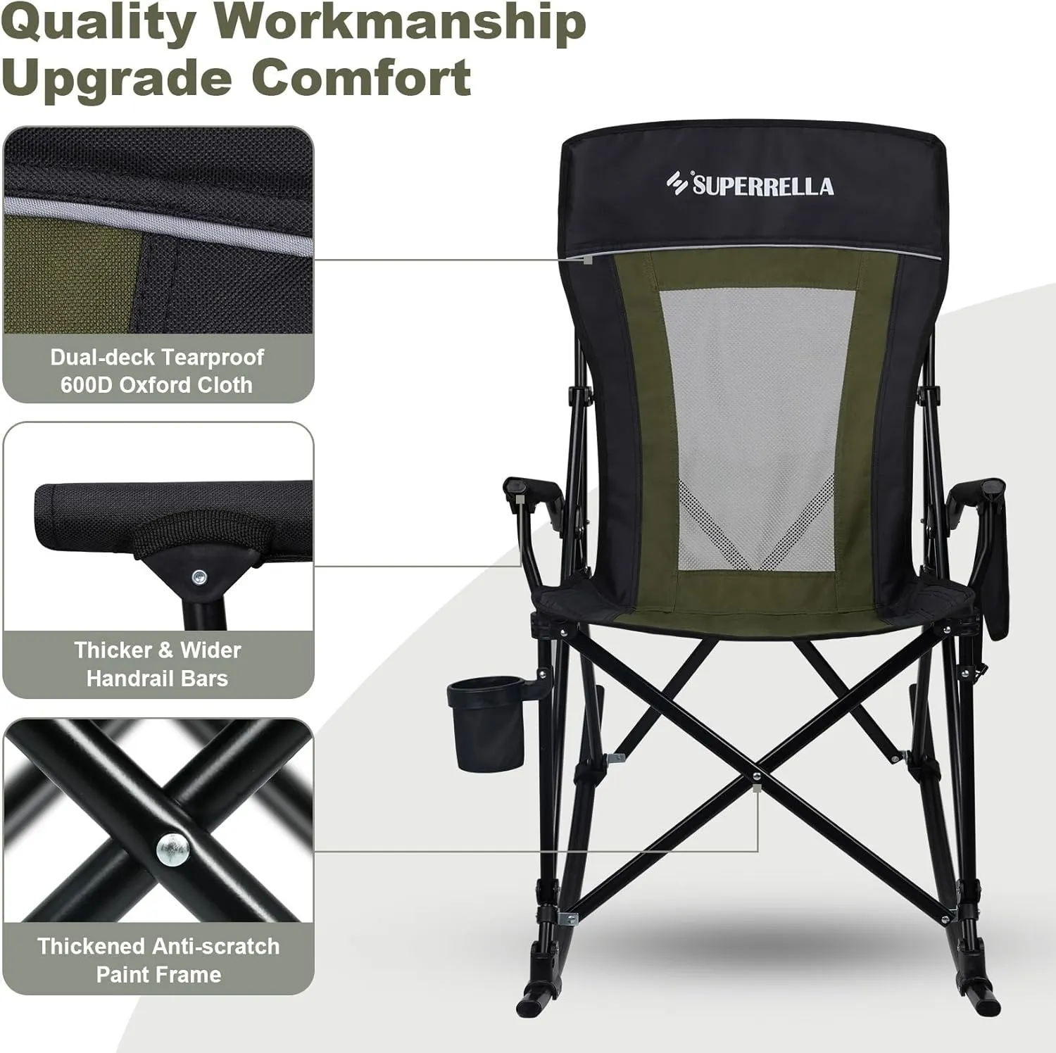 Folding Rocking Camping Chair Portable Outdoor Rocker with High Mesh Back, Handrail Bars, Carry Bag, Cup Holder, Bottle Opener, Supports 400 lbs, Black&Green