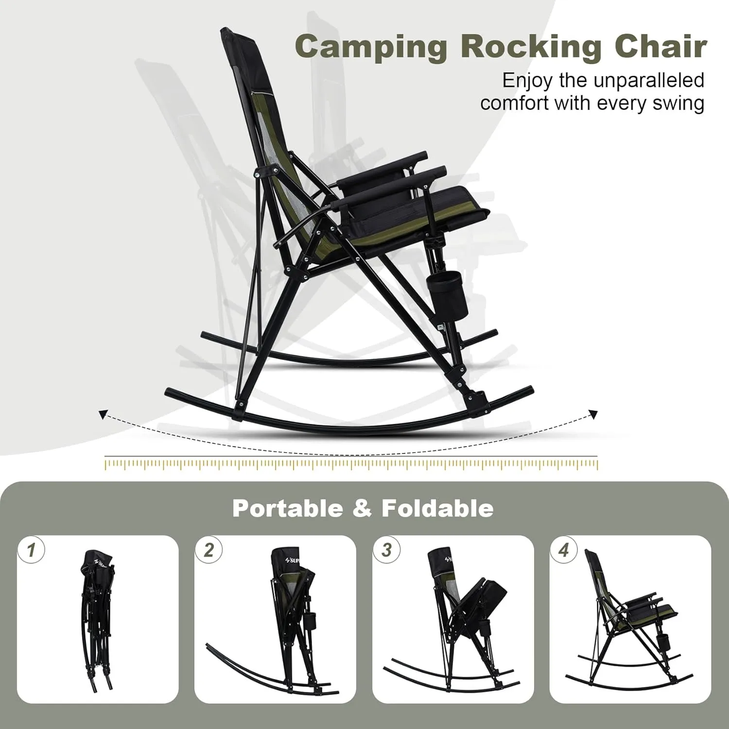 Folding Rocking Camping Chair Portable Outdoor Rocker with High Mesh Back, Handrail Bars, Carry Bag, Cup Holder, Bottle Opener, Supports 400 lbs, Black&Green