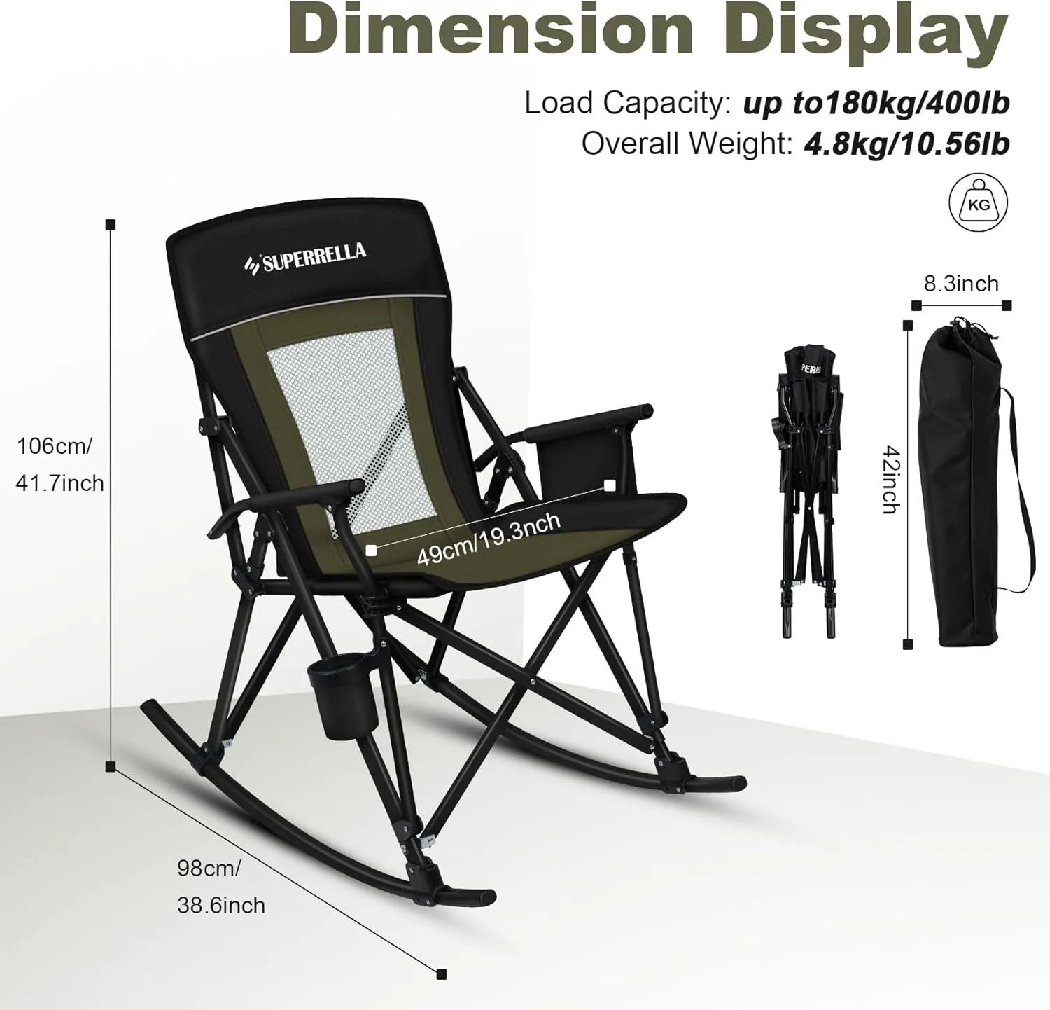 Folding Rocking Camping Chair Portable Outdoor Rocker with High Mesh Back, Handrail Bars, Carry Bag, Cup Holder, Bottle Opener, Supports 400 lbs, Black&Green