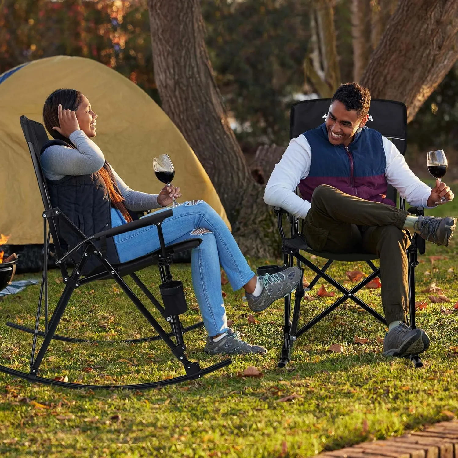 Folding Rocking Camping Chair Portable Outdoor Rocker with High Mesh Back, Handrail Bars, Carry Bag, Cup Holder, Bottle Opener, Supports 400 lbs, Black&Green