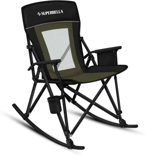 Folding Rocking Camping Chair Portable Outdoor Rocker with High Mesh Back, Handrail Bars, Carry Bag, Cup Holder, Bottle Opener, Supports 400 lbs, Black&Green