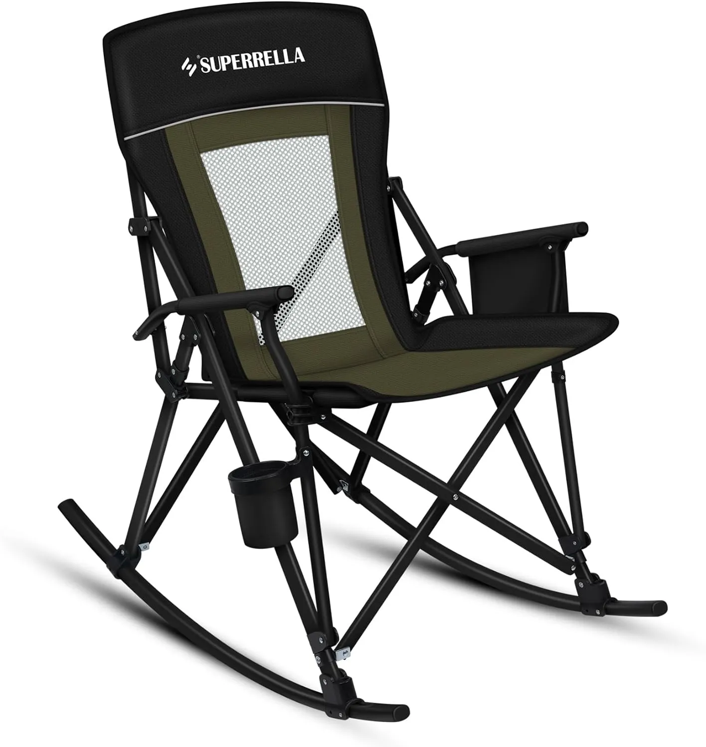 Folding Rocking Camping Chair Portable Outdoor Rocker with High Mesh Back, Handrail Bars, Carry Bag, Cup Holder, Bottle Opener, Supports 400 lbs, Black&Green