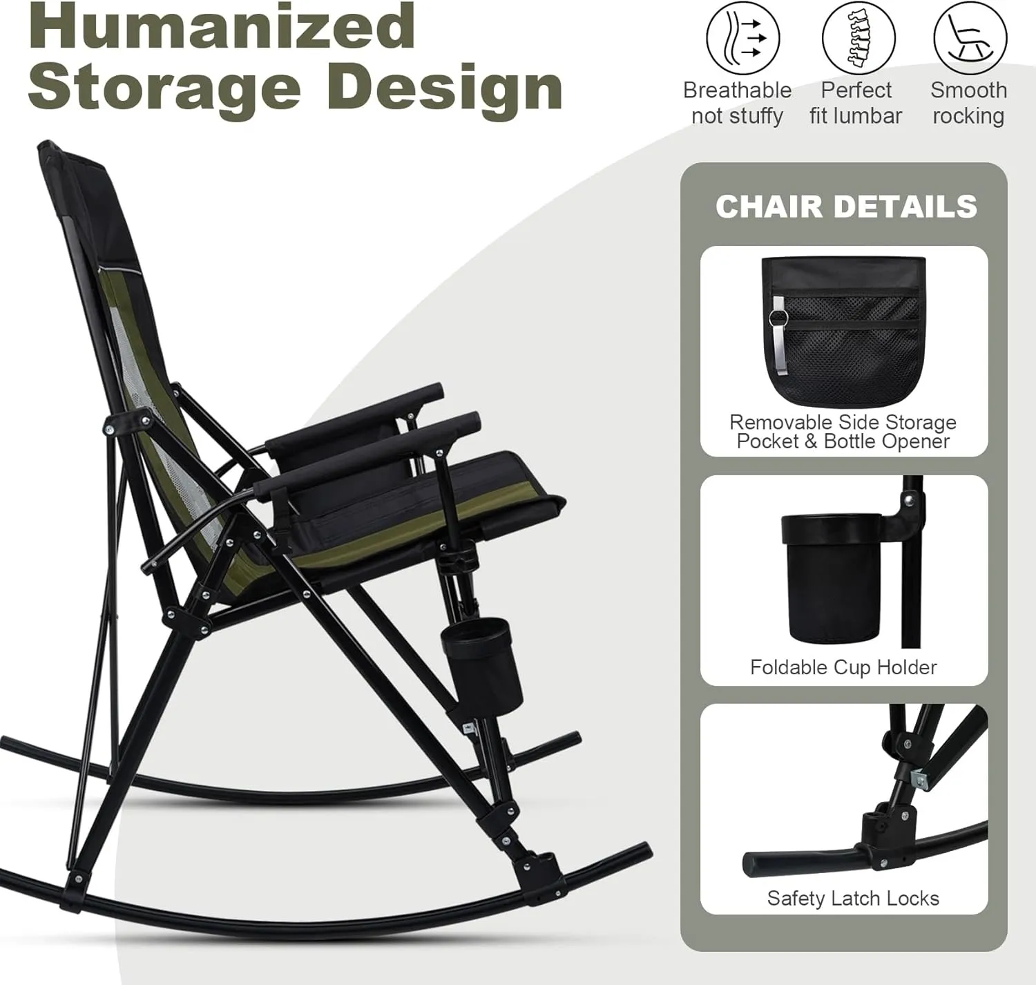 Folding Rocking Camping Chair Portable Outdoor Rocker with High Mesh Back, Handrail Bars, Carry Bag, Cup Holder, Bottle Opener, Supports 400 lbs, Black&Green