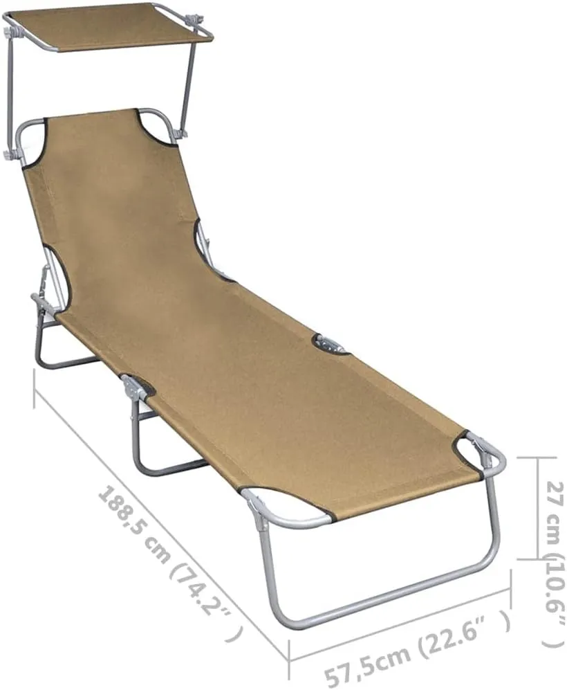Folding Sun Lounger with Canopy Taupe Aluminumtanning Chair Recliner Chair Patio Chairs Outdoor Lounge chairsSuitable for Gardens, courtyards