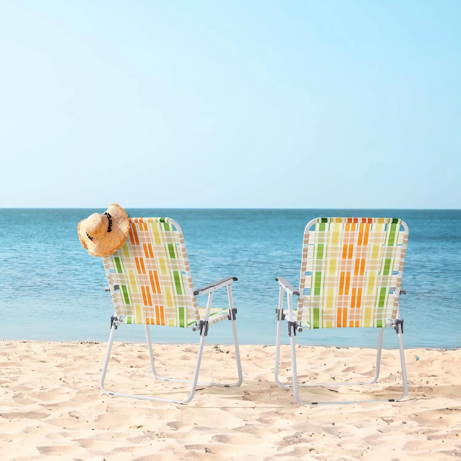 Folding Webbed Oversized Lawn Chairs Set of 2, 260 LBS High Beach Chair for Adults Heavy Duty, Portable Patio Chair for Yard, Garden (Green)
