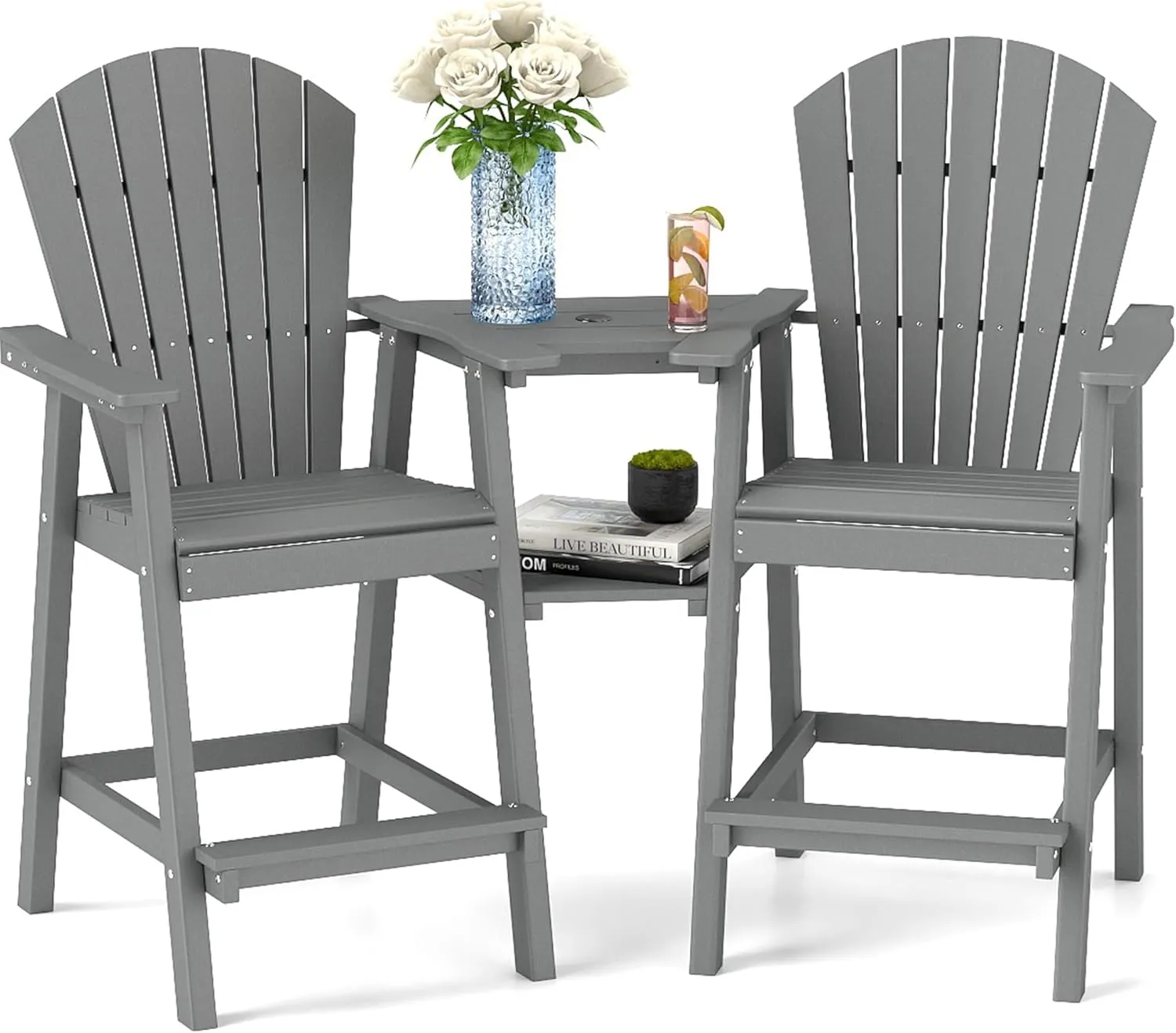 FOOWIN Tall Adirondack Chairs Set of 2,Recycled Poly Balcony Chair with Double Connecting Tray Patio Stools Weather Resistant for Outdoor Deck Lawn Pool Backyard Grey