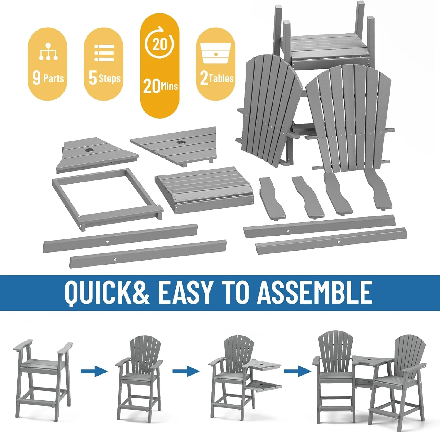 FOOWIN Tall Adirondack Chairs Set of 2,Recycled Poly Balcony Chair with Double Connecting Tray Patio Stools Weather Resistant for Outdoor Deck Lawn Pool Backyard Grey