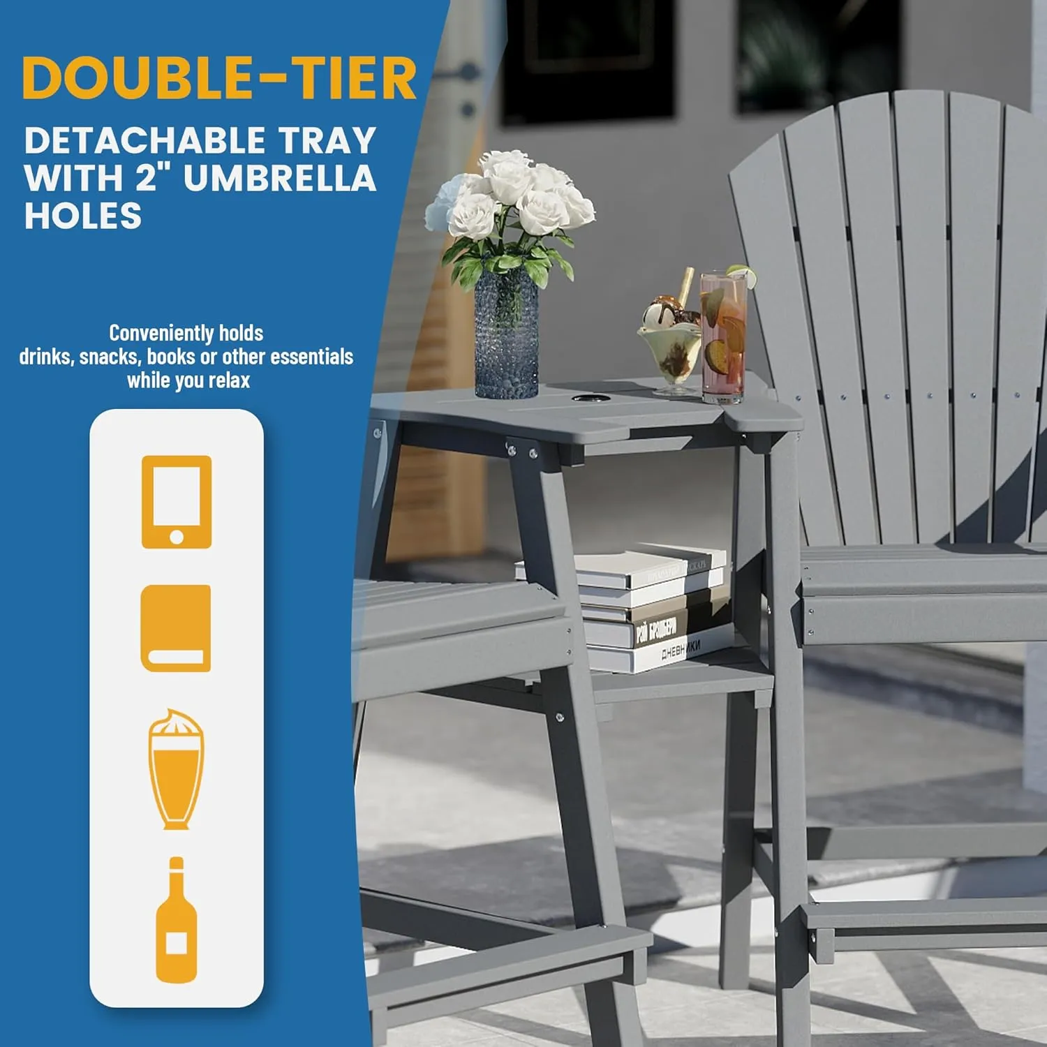 FOOWIN Tall Adirondack Chairs Set of 2,Recycled Poly Balcony Chair with Double Connecting Tray Patio Stools Weather Resistant for Outdoor Deck Lawn Pool Backyard Grey