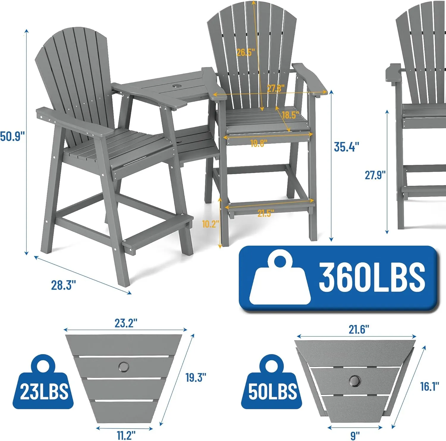 FOOWIN Tall Adirondack Chairs Set of 2,Recycled Poly Balcony Chair with Double Connecting Tray Patio Stools Weather Resistant for Outdoor Deck Lawn Pool Backyard Grey