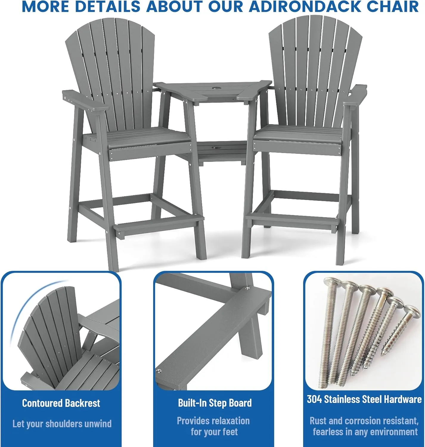 FOOWIN Tall Adirondack Chairs Set of 2,Recycled Poly Balcony Chair with Double Connecting Tray Patio Stools Weather Resistant for Outdoor Deck Lawn Pool Backyard Grey