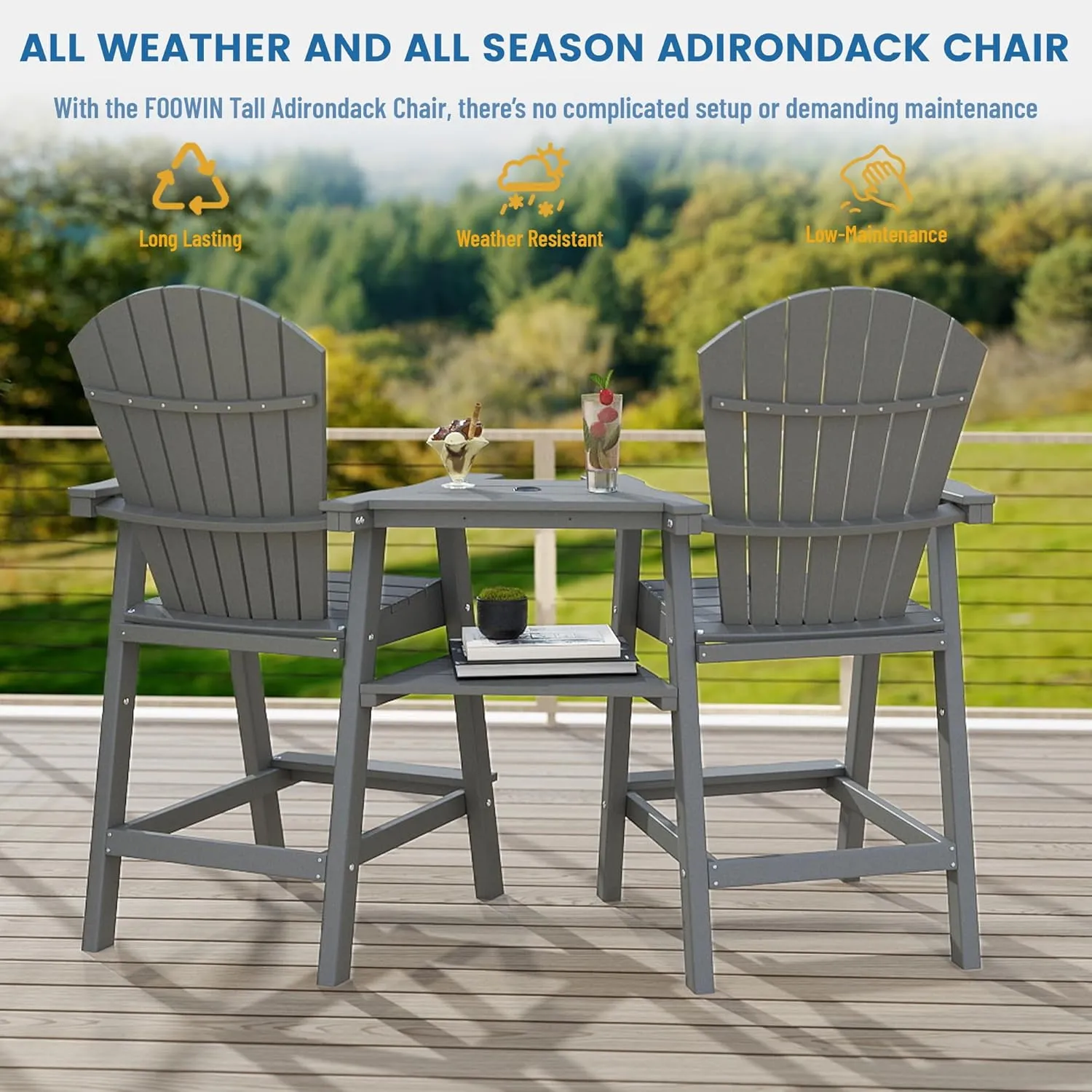 FOOWIN Tall Adirondack Chairs Set of 2,Recycled Poly Balcony Chair with Double Connecting Tray Patio Stools Weather Resistant for Outdoor Deck Lawn Pool Backyard Grey
