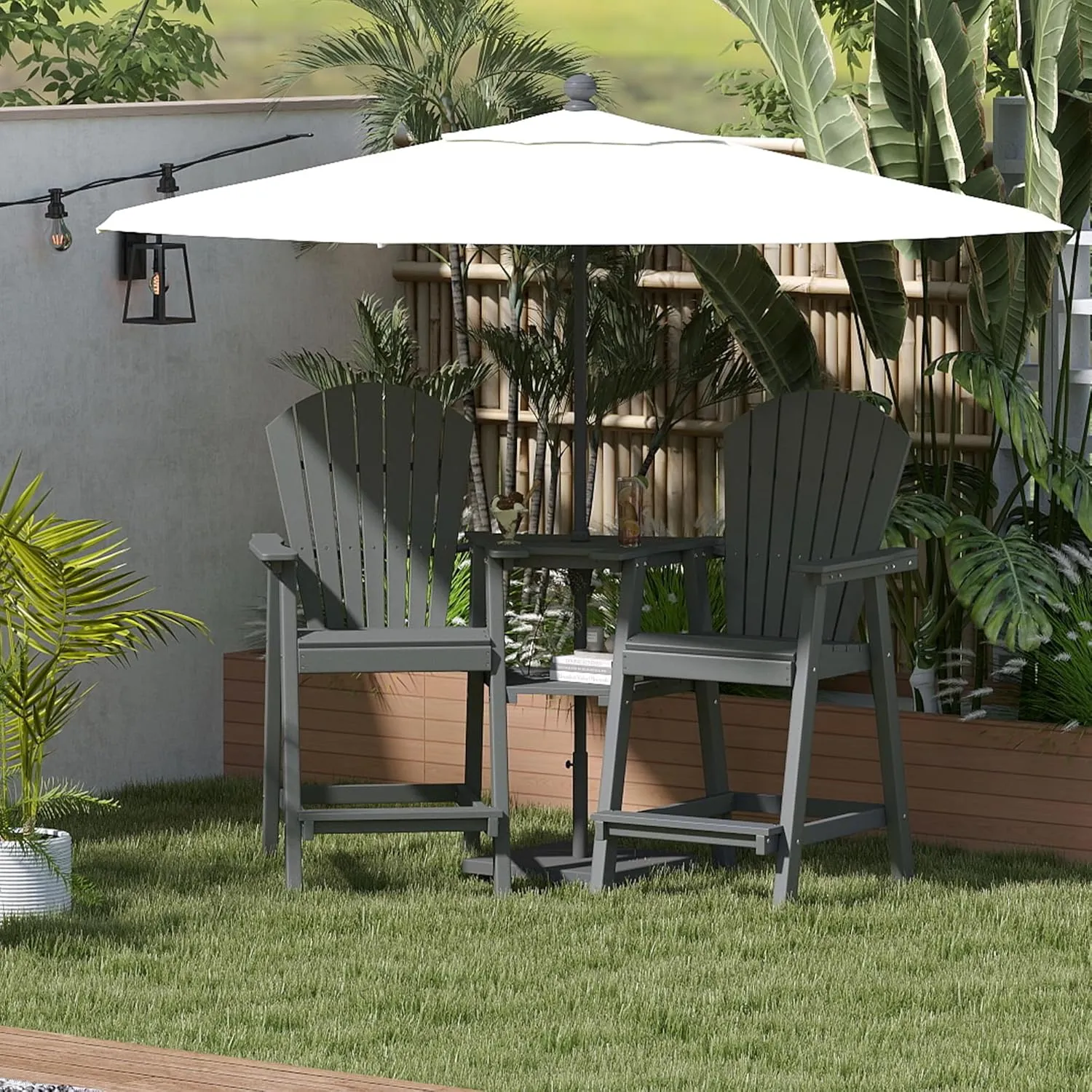 FOOWIN Tall Adirondack Chairs Set of 2,Recycled Poly Balcony Chair with Double Connecting Tray Patio Stools Weather Resistant for Outdoor Deck Lawn Pool Backyard Grey