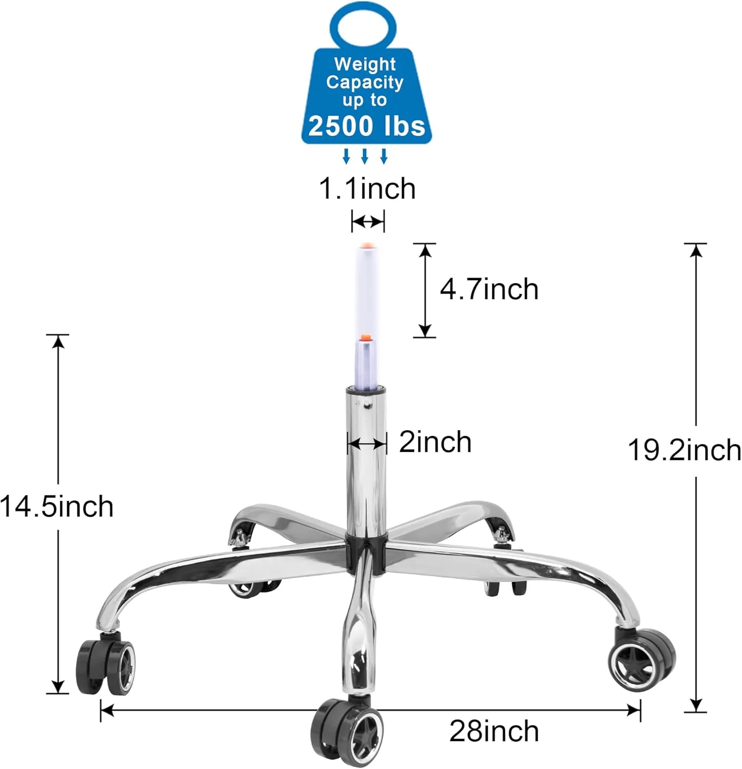 Frassie 28 Inch Office Chair Metal Base Replacement Heavy Duty Computer Chair Base Part with 5 Casters 1 Gas Lift Cylinder (Silver)