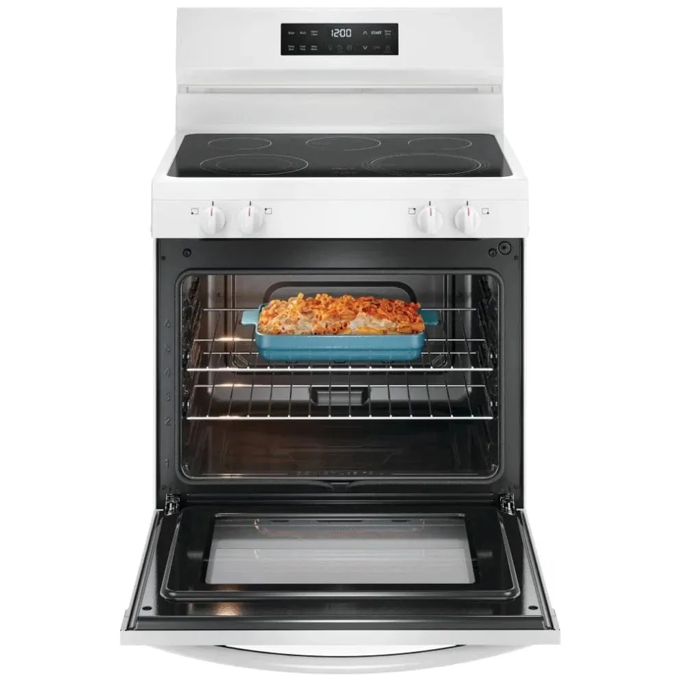 Frigidaire FCRE306CAW Electric Range, 5.3 cu. ft. Capacity, 30 inch Exterior Width, 5 Burners, Storage Drawer, 3200 Highest Burner Element (Watts), White color Steam Clean