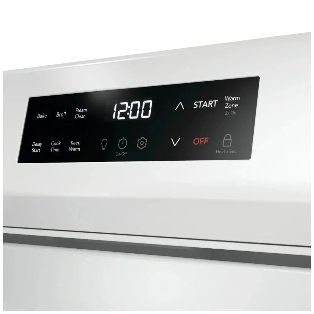 Frigidaire FCRE306CAW Electric Range, 5.3 cu. ft. Capacity, 30 inch Exterior Width, 5 Burners, Storage Drawer, 3200 Highest Burner Element (Watts), White color Steam Clean