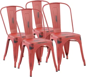 FurnitureR Set of 4, Commercial Grade 33" Restaurant Square Seat, Bar Indoor/Outdoor Tolix Side Metal Kitchen Trattoria Dining Chair, Red
