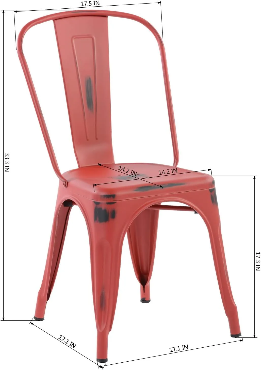 FurnitureR Set of 4, Commercial Grade 33" Restaurant Square Seat, Bar Indoor/Outdoor Tolix Side Metal Kitchen Trattoria Dining Chair, Red