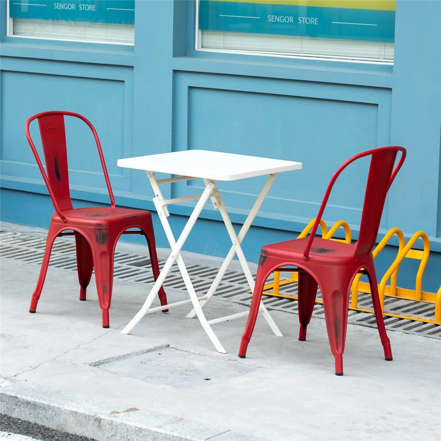 FurnitureR Set of 4, Commercial Grade 33" Restaurant Square Seat, Bar Indoor/Outdoor Tolix Side Metal Kitchen Trattoria Dining Chair, Red