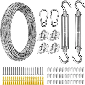 FZENeast Shade Sail Hardware Kit with 50 FT Cable Wire Rope, Anti-Rust Stainless Steel Stainless Steel Sun Shade Hardware Kit for Rectangle Square Triangle Shade Sail Installation(66 PCS)