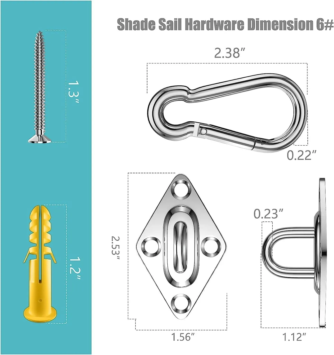 FZENeast Shade Sail Hardware Kit with 50 FT Cable Wire Rope, Anti-Rust Stainless Steel Stainless Steel Sun Shade Hardware Kit for Rectangle Square Triangle Shade Sail Installation(66 PCS)
