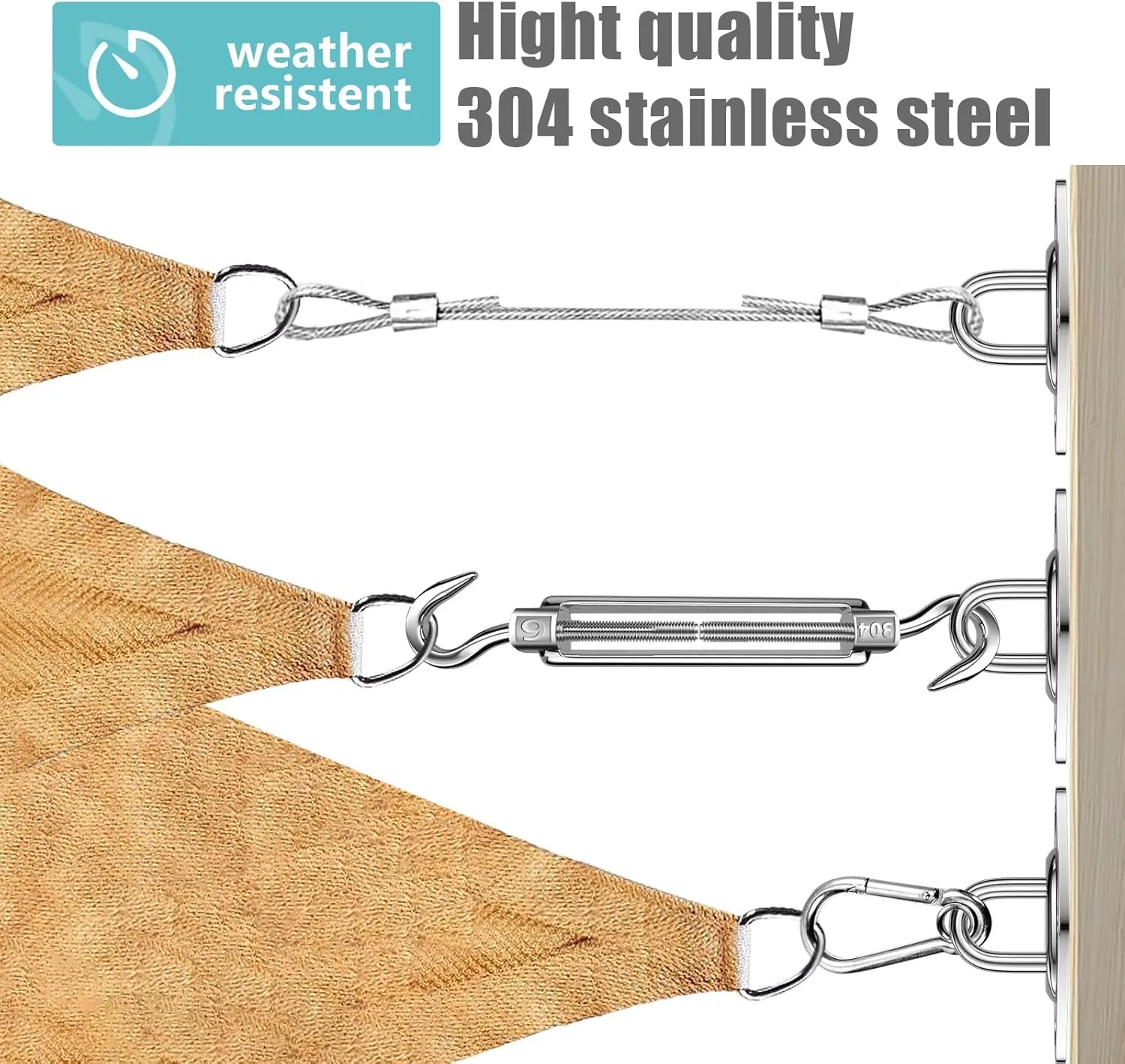 FZENeast Shade Sail Hardware Kit with 50 FT Cable Wire Rope, Anti-Rust Stainless Steel Stainless Steel Sun Shade Hardware Kit for Rectangle Square Triangle Shade Sail Installation(66 PCS)