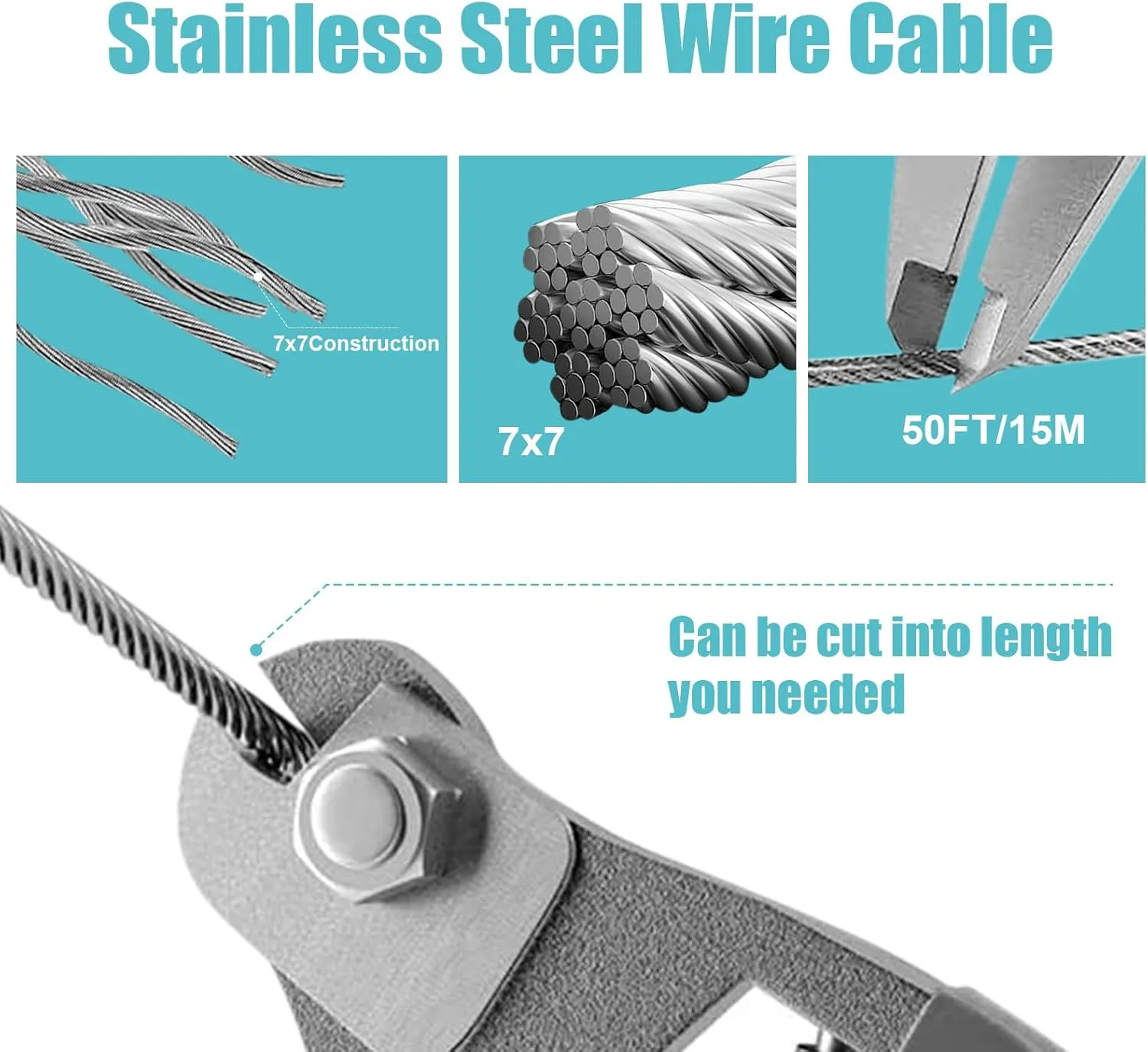 FZENeast Shade Sail Hardware Kit with 50 FT Cable Wire Rope, Anti-Rust Stainless Steel Stainless Steel Sun Shade Hardware Kit for Rectangle Square Triangle Shade Sail Installation(66 PCS)