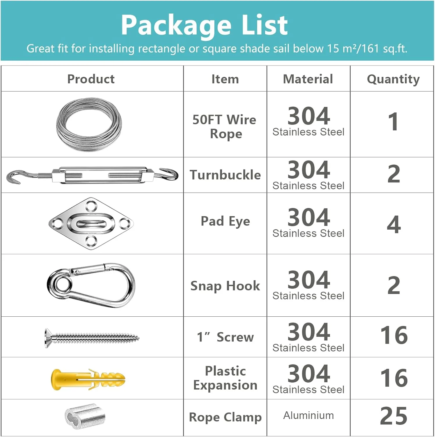 FZENeast Shade Sail Hardware Kit with 50 FT Cable Wire Rope, Anti-Rust Stainless Steel Stainless Steel Sun Shade Hardware Kit for Rectangle Square Triangle Shade Sail Installation(66 PCS)