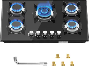 Gas Cooktop 30 Inch 5 Burners, Propane Natural Gas Convertible Gas Stove Top, 35,900BTU Glass Gas Hob Built-in or Countertop Stove for Outdoor Indoor Cooking in Kitchen, RV, Camping