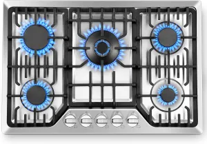 Gas Cooktop 30 Inch with 5 Italy SABAF Powerful Burners, Max 48,300 BTU/hr Gas Stove Top, Built-in 304 Stainless Steel Propane Stove, NG/LPG Convertible, CSA Certified