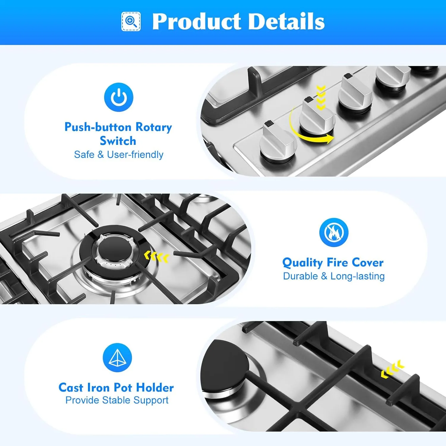 Gas Cooktop, 5 Burners Gas Cooktop Stove Top for LPG/NG Dual Fuel Stainless Steel Built-in Gas Hob for Kitchen, Home, Apartments, Restaurtant, Easy To Clean (33.86x20in)