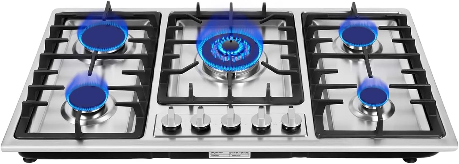 Gas Cooktop, 5 Burners Gas Cooktop Stove Top for LPG/NG Dual Fuel Stainless Steel Built-in Gas Hob for Kitchen, Home, Apartments, Restaurtant, Easy To Clean (33.86x20in)