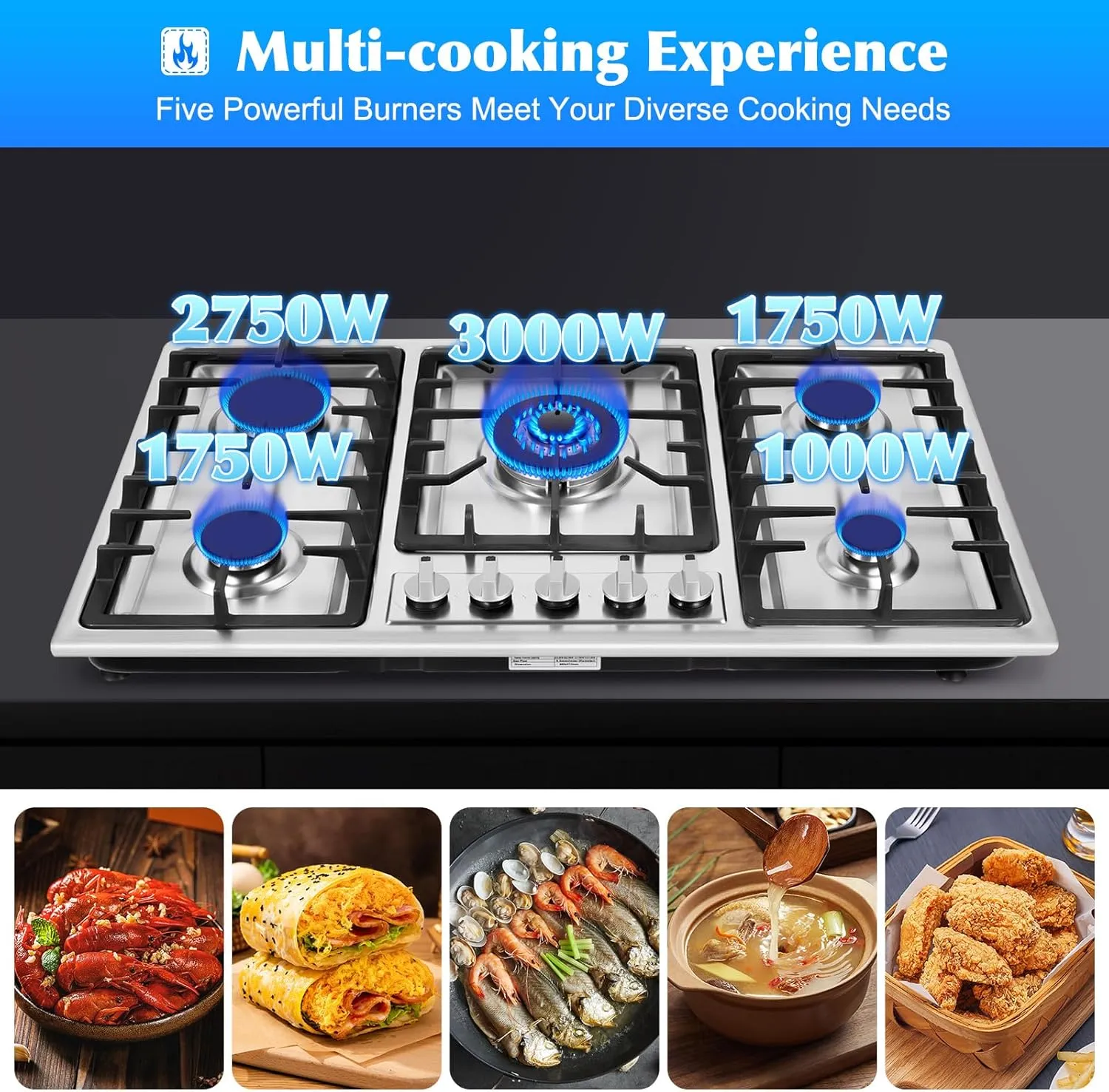 Gas Cooktop, 5 Burners Gas Cooktop Stove Top for LPG/NG Dual Fuel Stainless Steel Built-in Gas Hob for Kitchen, Home, Apartments, Restaurtant, Easy To Clean (33.86x20in)