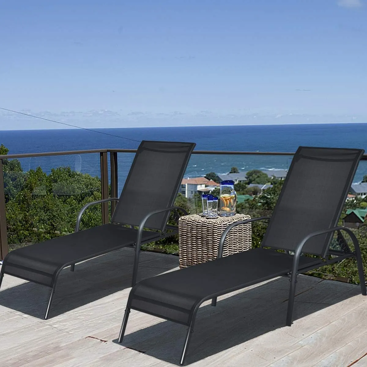 Giantex 2 Pack Patio Lounge Chair, Outdoor Chaise Lounge with 5 Adjustable Backrest, Sturdy Steel Frame, Sunbathing Recliner, Beach Chair, Tanning Chair for Outside, Yard, Balcony, Pool Chairs, Black