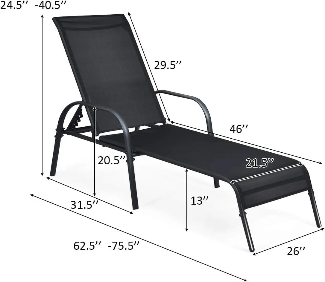 Giantex 2 Pack Patio Lounge Chair, Outdoor Chaise Lounge with 5 Adjustable Backrest, Sturdy Steel Frame, Sunbathing Recliner, Beach Chair, Tanning Chair for Outside, Yard, Balcony, Pool Chairs, Black