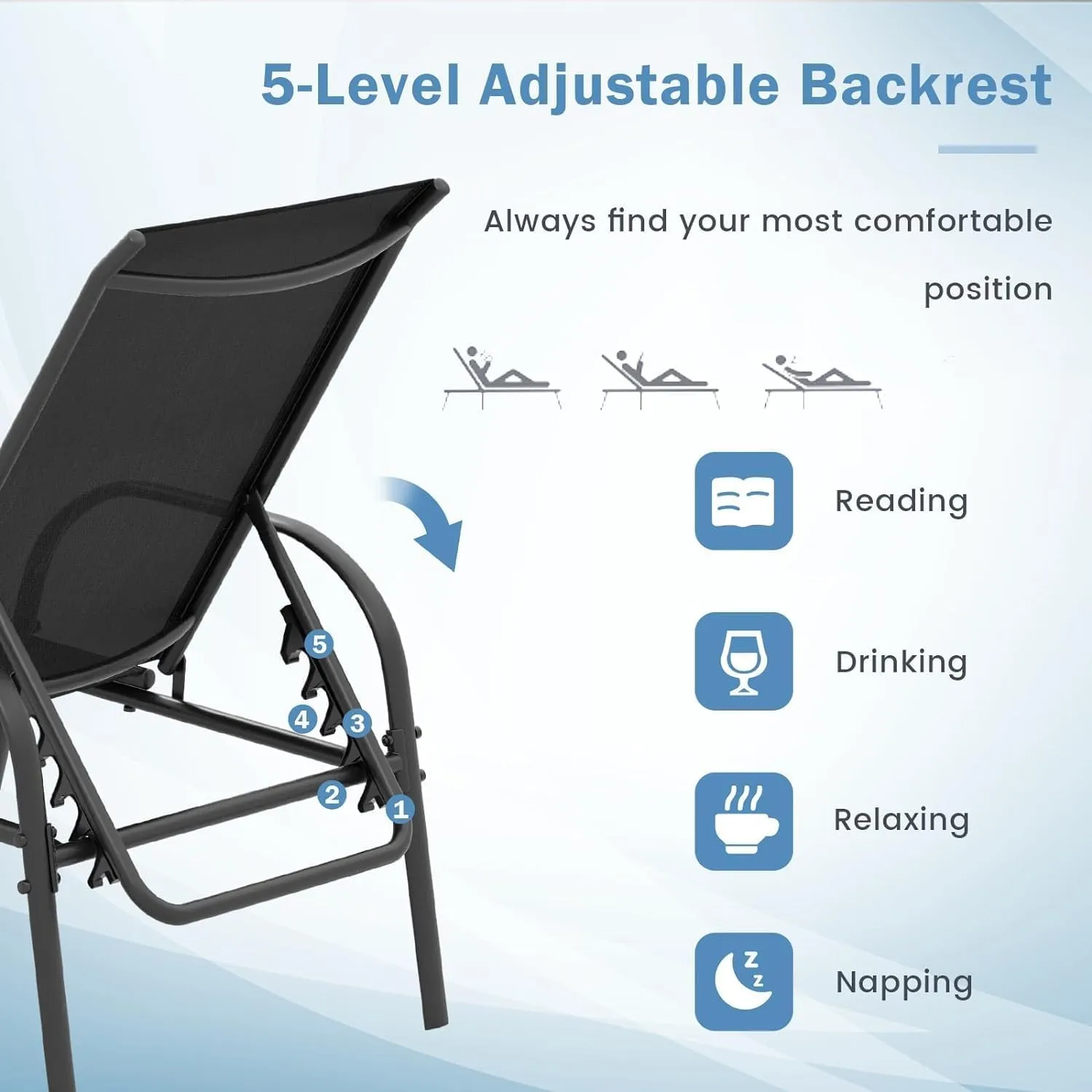 Giantex 2 Pack Patio Lounge Chair, Outdoor Chaise Lounge with 5 Adjustable Backrest, Sturdy Steel Frame, Sunbathing Recliner, Beach Chair, Tanning Chair for Outside, Yard, Balcony, Pool Chairs, Black