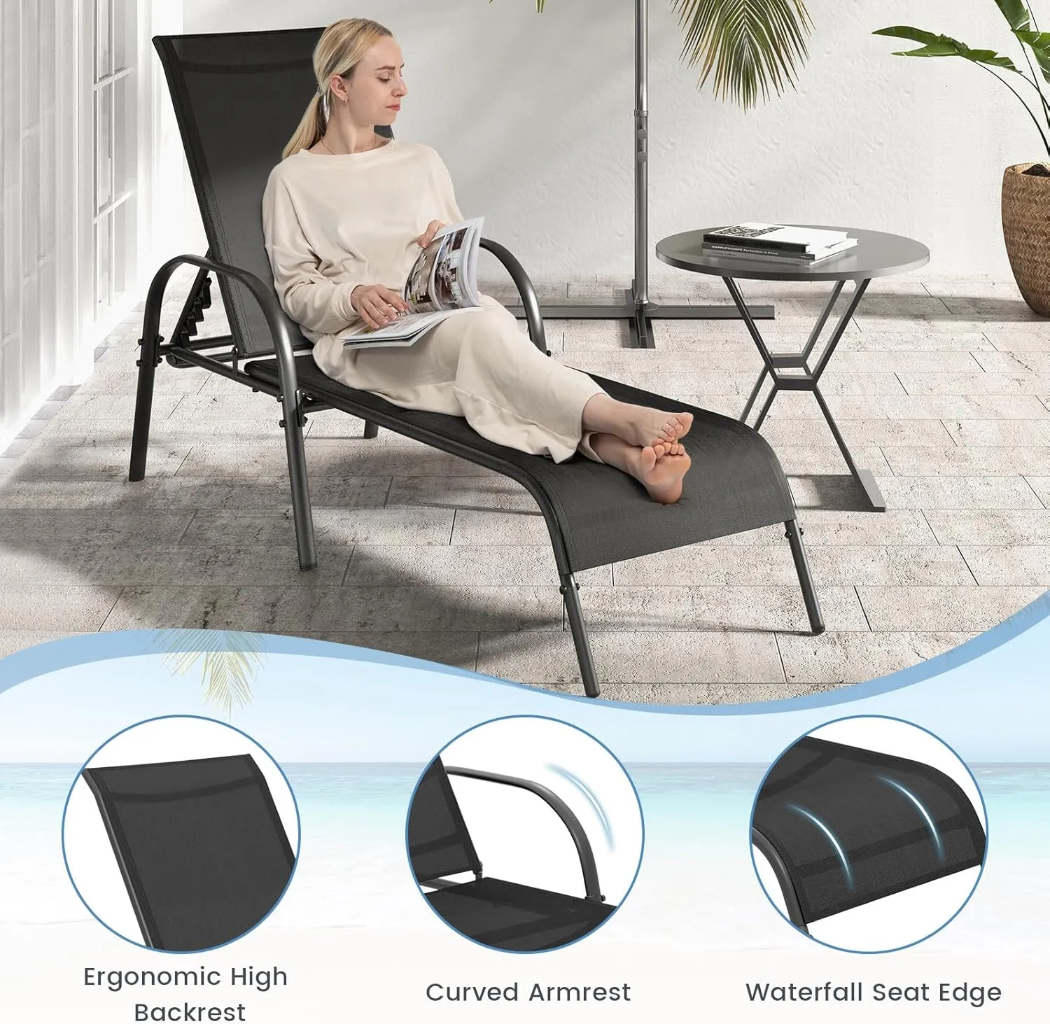 Giantex 2 Pack Patio Lounge Chair, Outdoor Chaise Lounge with 5 Adjustable Backrest, Sturdy Steel Frame, Sunbathing Recliner, Beach Chair, Tanning Chair for Outside, Yard, Balcony, Pool Chairs, Black