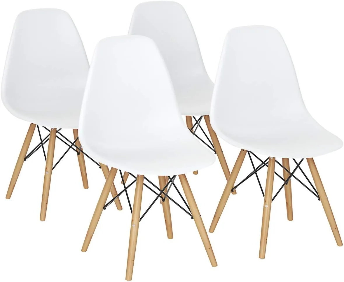 Giantex Dining Chairs Set of 4 White, Pre Assembled Mid Century Modern Dining Chairs with Wood Legs, Armless Kitchen Chairs, Plastic Side Chair for Dining Room, Kitchen, Living Room