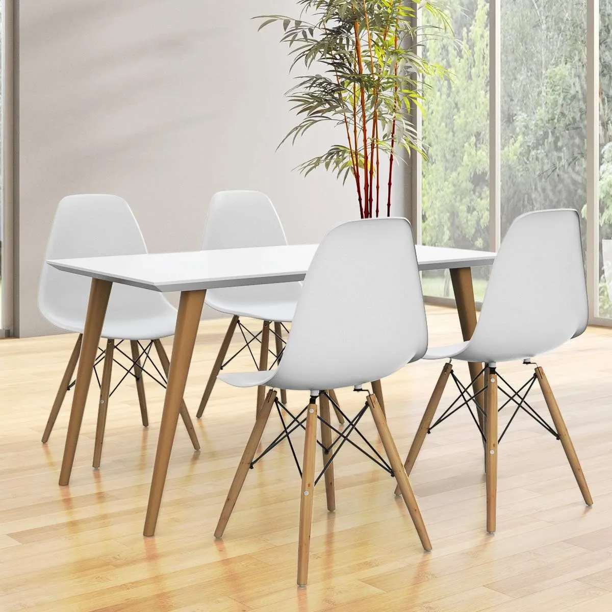 Giantex Dining Chairs Set of 4 White, Pre Assembled Mid Century Modern Dining Chairs with Wood Legs, Armless Kitchen Chairs, Plastic Side Chair for Dining Room, Kitchen, Living Room