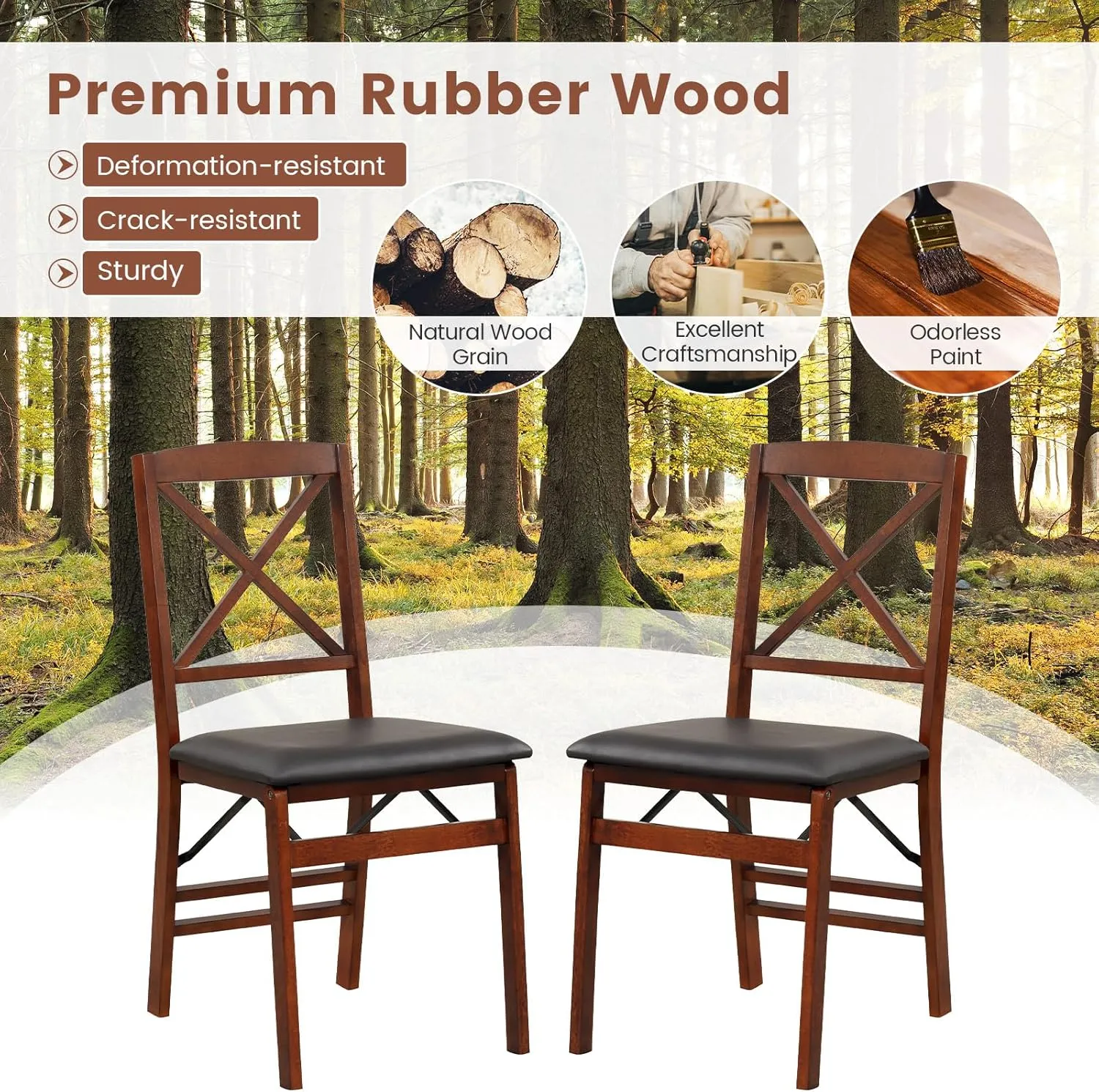 Giantex Folding Dining Chairs Set of 2, Foldable Wood Kitchen Chairs with Padded Seat, Solid Wood Frame, Max Load 400 Lbs, No Assembly Easy to Store Wooden Dining Chairs for Apartment, Small Space