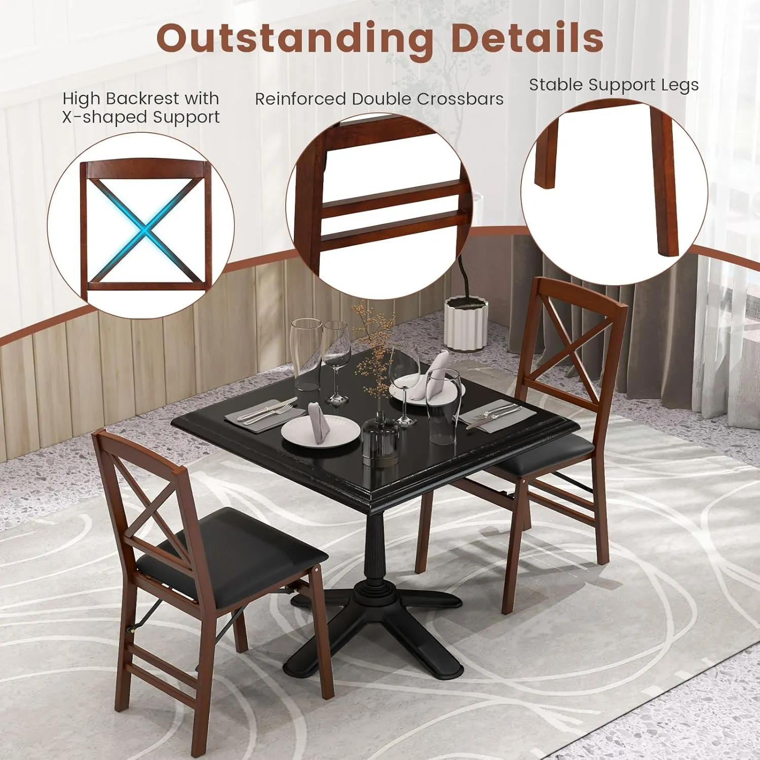 Giantex Folding Dining Chairs Set of 2, Foldable Wood Kitchen Chairs with Padded Seat, Solid Wood Frame, Max Load 400 Lbs, No Assembly Easy to Store Wooden Dining Chairs for Apartment, Small Space