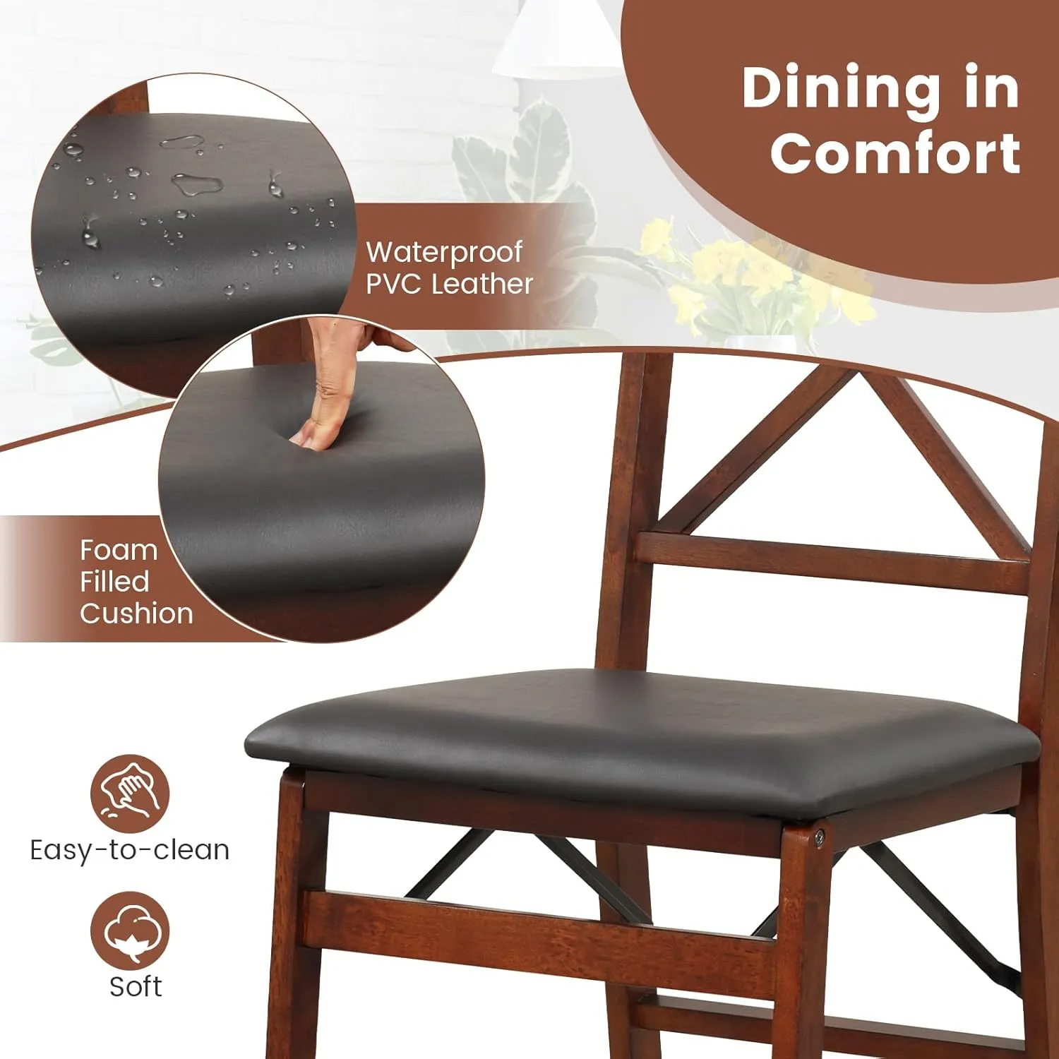 Giantex Folding Dining Chairs Set of 2, Foldable Wood Kitchen Chairs with Padded Seat, Solid Wood Frame, Max Load 400 Lbs, No Assembly Easy to Store Wooden Dining Chairs for Apartment, Small Space