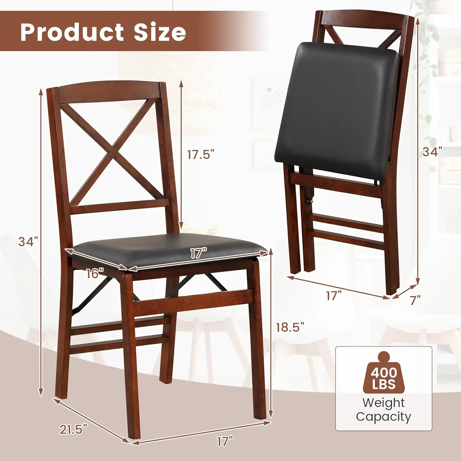 Giantex Folding Dining Chairs Set of 2, Foldable Wood Kitchen Chairs with Padded Seat, Solid Wood Frame, Max Load 400 Lbs, No Assembly Easy to Store Wooden Dining Chairs for Apartment, Small Space