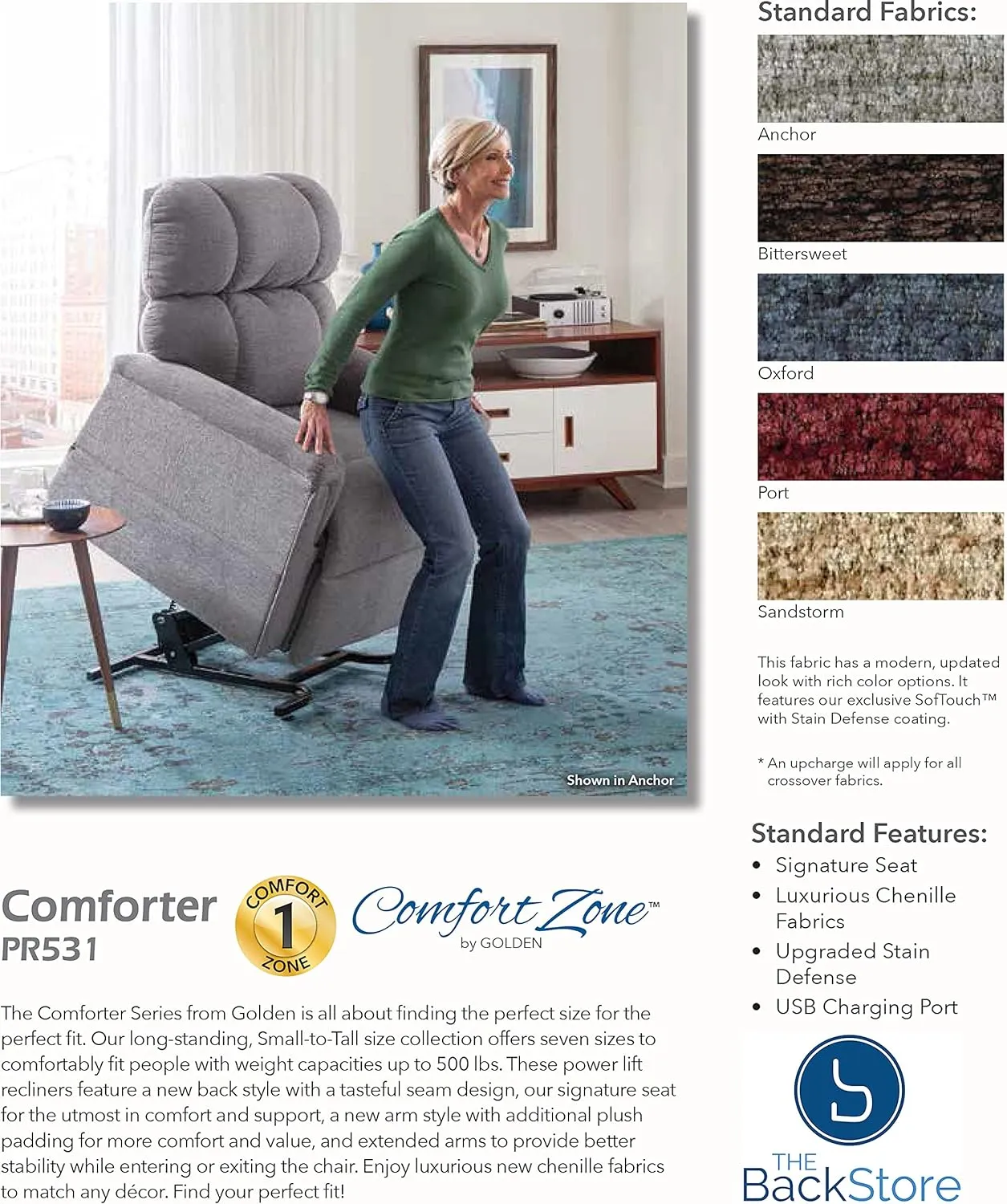 Golden Technologies Comforter PR531-M26 Medium Extra Wide 26 PR-531 Heavy Duty Dual Motor 500 lb. Weight Capacity Power Lift Chair Recliner - Sandstorm Tan Fabric, Standard Ground Curbside