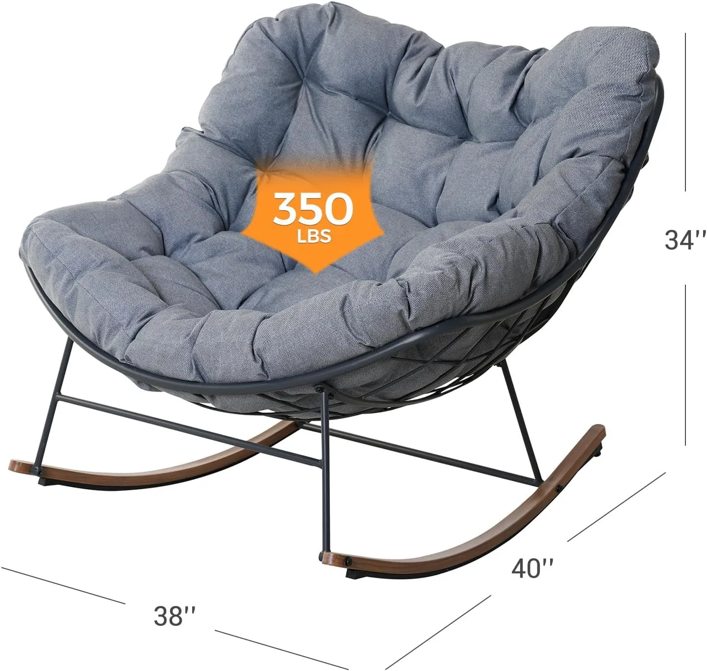 Grand patio Rocking Chair Outdoor, E-Coated Papasan Rocking Chair with Cushion, Outdoor Oversized Recliner Rocker for Patio Porch Garden Backyard, Grey